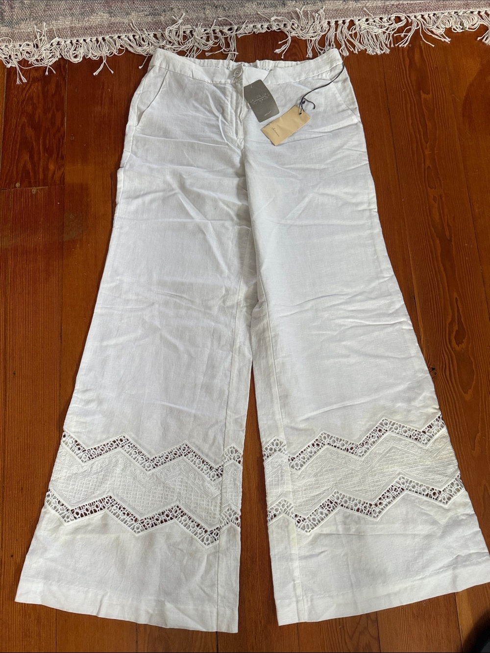 NWT Anthropologie White Wide-Leg Embroidered Cotton-Linen Blend Pants